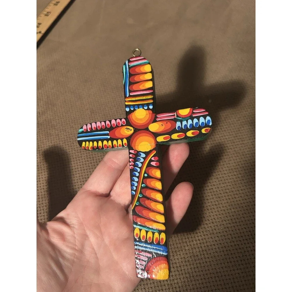 Vintage Hand Painted South American Folk Art Wood Crucifix Cross Catholic